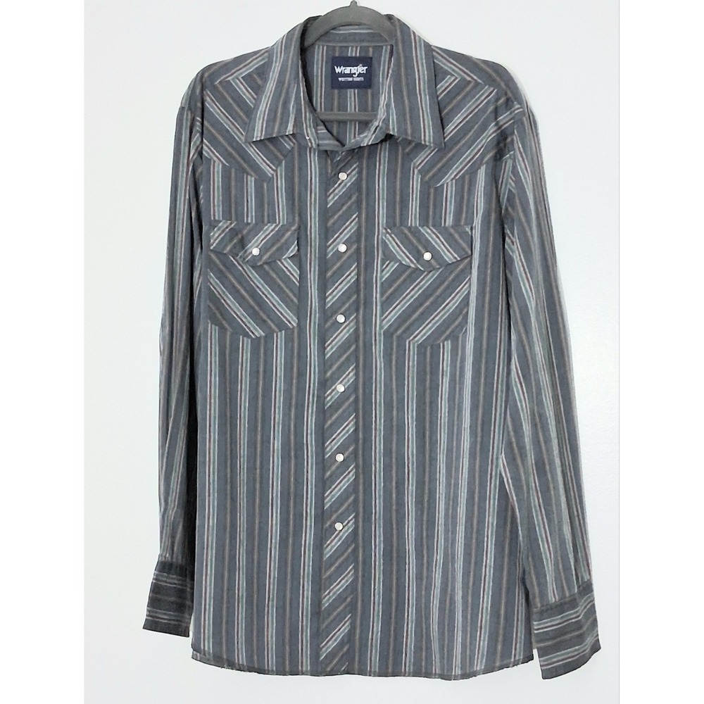 Wrangler Shirt Mens Large Striped Pearl Snap Long Sleeve Gray Red Green Western